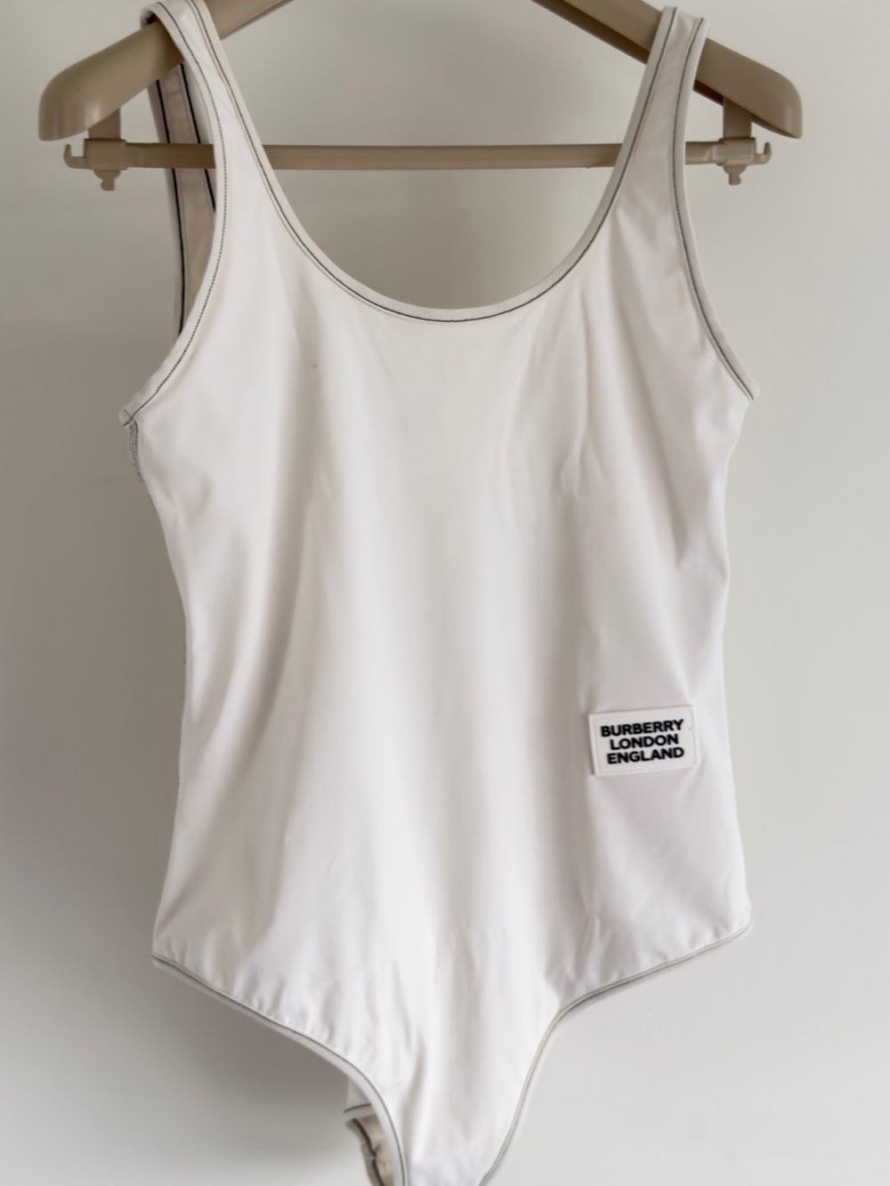 Authentic Burberry White Scoop Neck Tank Bodysuit with Logo Patch Small Size